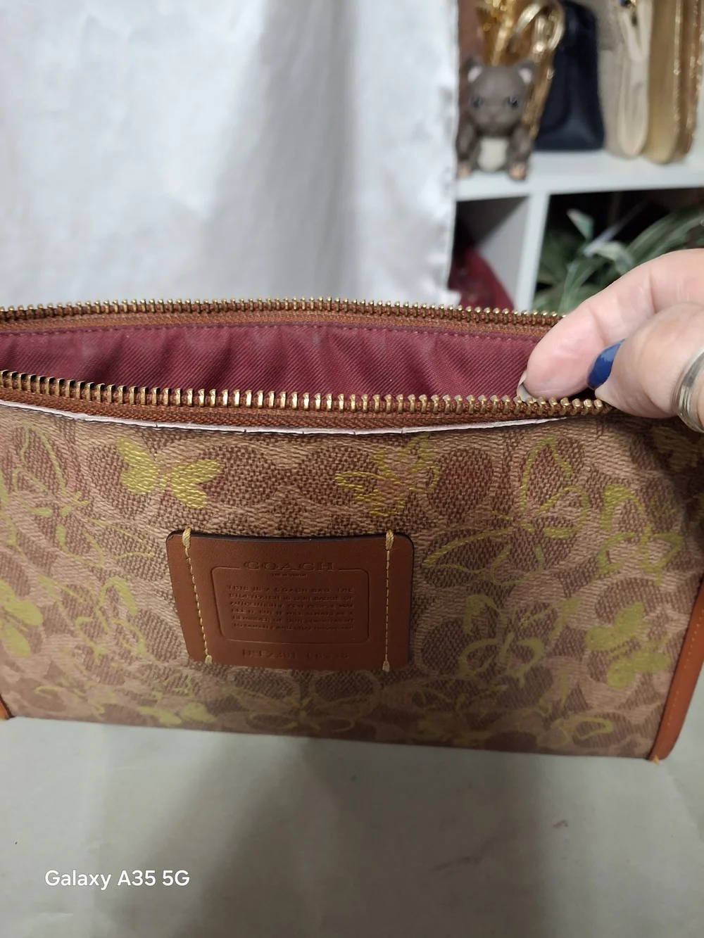 Coach Brown Leather Wristlet with Gold Butterfly Print Custom Paint